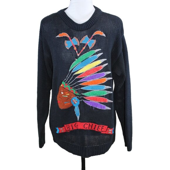 Vintage Native American Big Chief Head Crewneck Sweater Size M Chunky Knit Patch - Picture 1 of 7